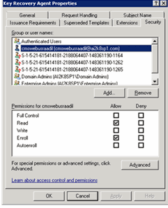 Windows Key Recovery Agent Properties window with the Security tab displayed and CMS User selected in the Group or user names panel and a list of Permissions displayed in the panel below